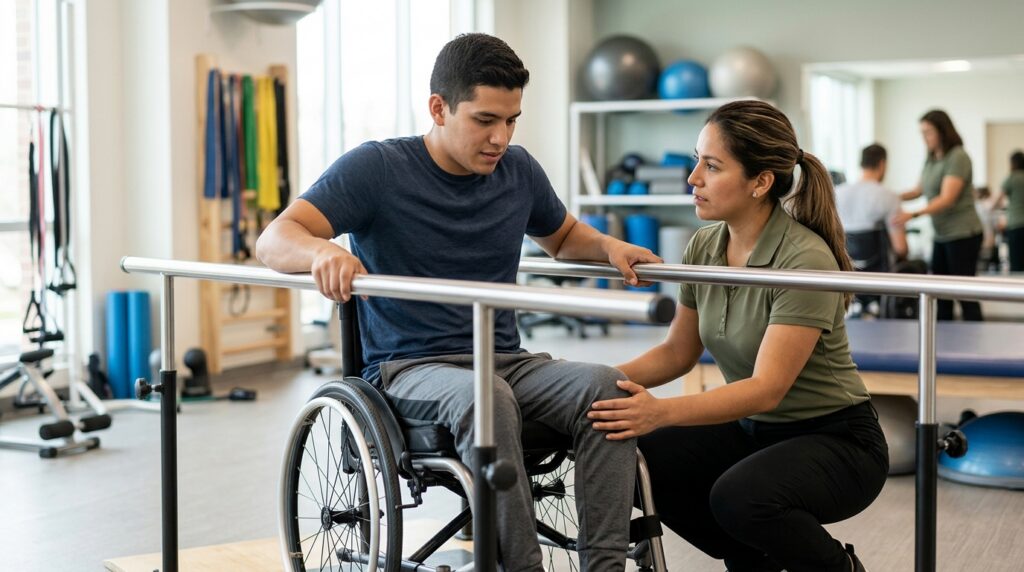 Joven en silla de ruedas junto a fisioterapeuta en gimnasio de rehabilitación de lesiones medulares.