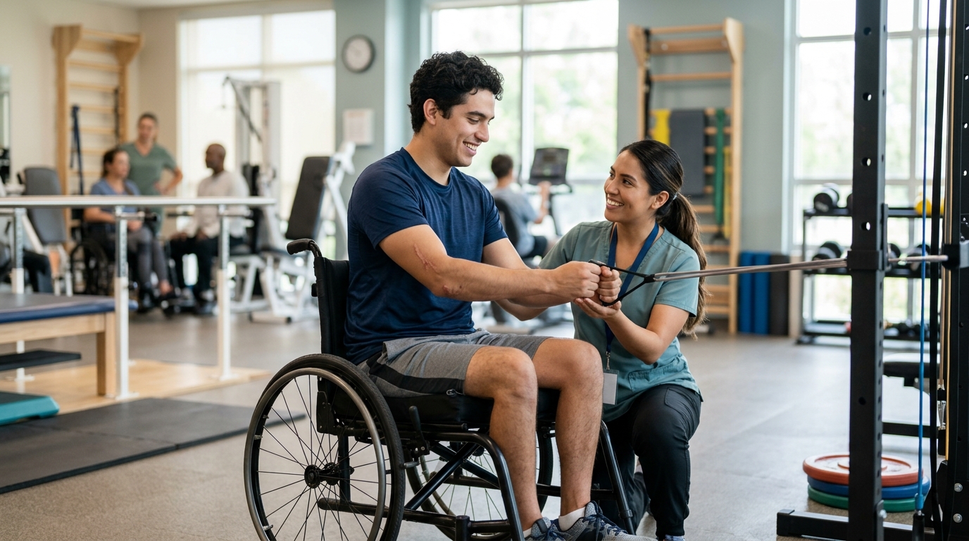 Joven en silla de ruedas junto a fisioterapeuta en gimnasio de rehabilitación por lesión medular.