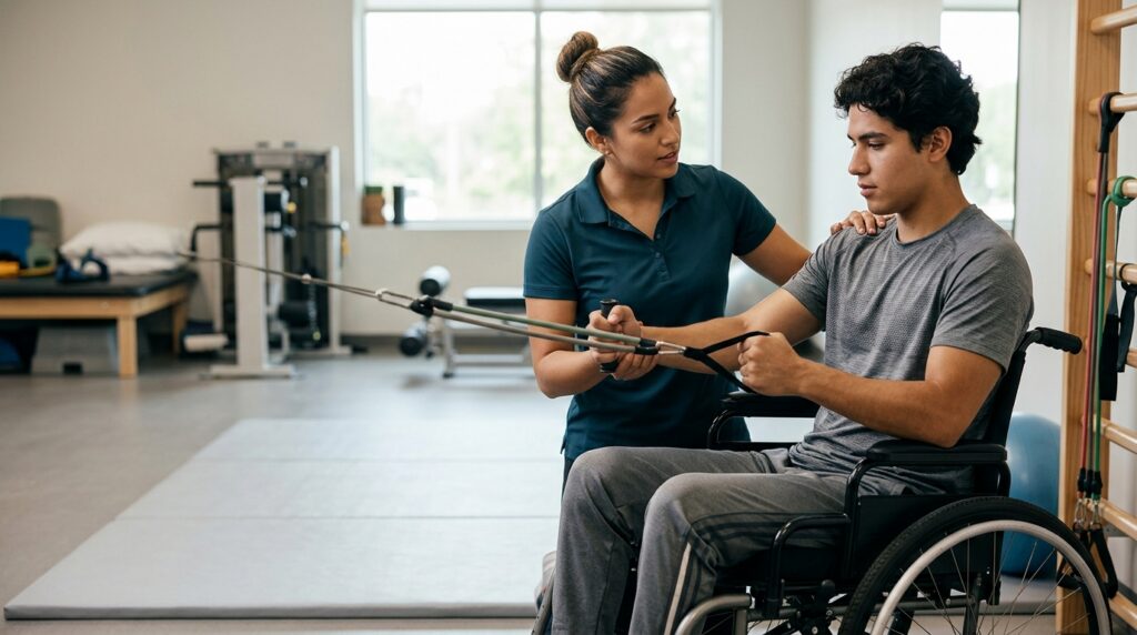 Joven en silla de ruedas junto a fisioterapeuta en gimnasio de rehabilitación de lesión medular.