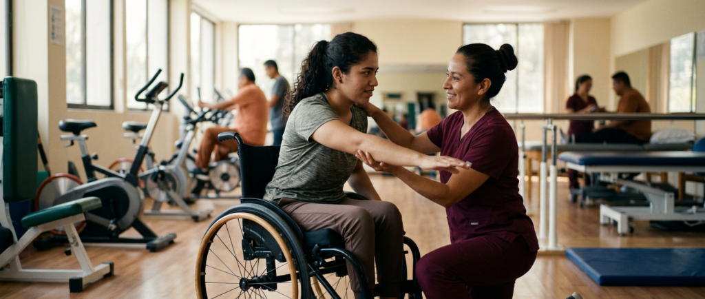 Joven en silla de ruedas junto a fisioterapeuta en gimnasio de rehabilitación de lesión medular.