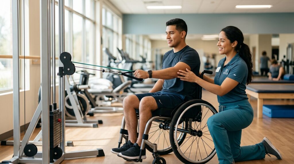 Joven en silla de ruedas junto a fisioterapeuta en gimnasio de rehabilitación de lesiones medulares.