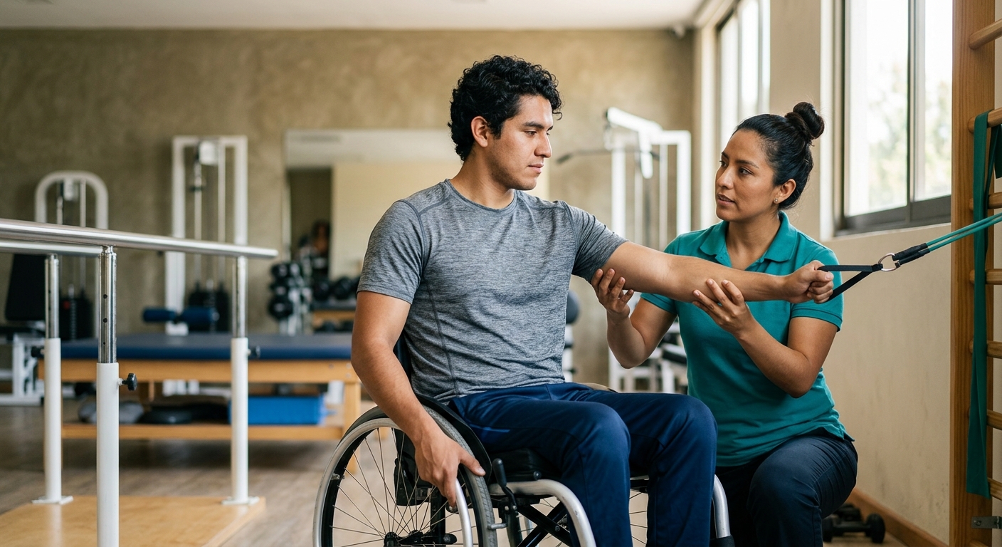 Joven en silla de ruedas junto a fisioterapeuta en gimnasio de rehabilitación por lesión medular.