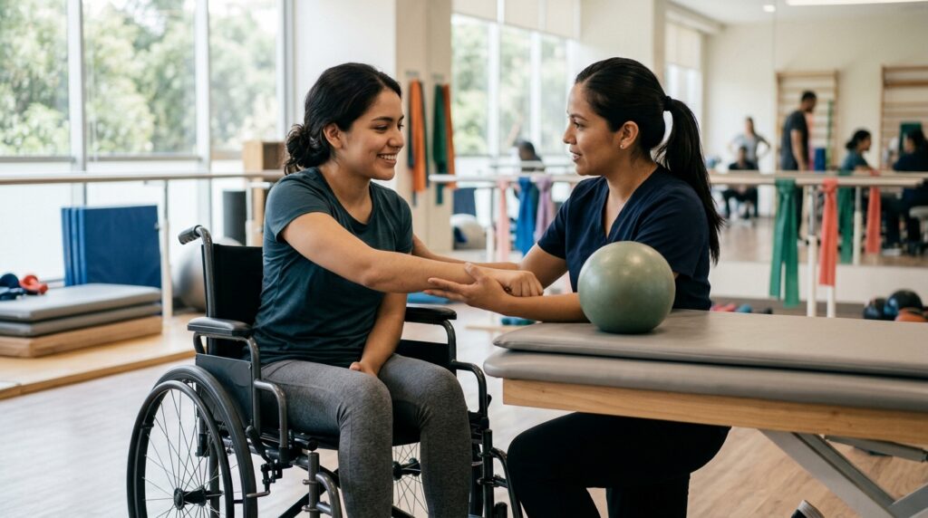 Joven en silla de ruedas junto a fisioterapeuta en gimnasio de rehabilitación de lesiones medulares.