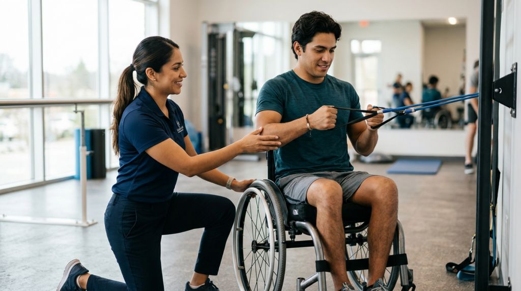 Joven en silla de ruedas junto a fisioterapeuta en gimnasio de rehabilitación de lesiones medulares.