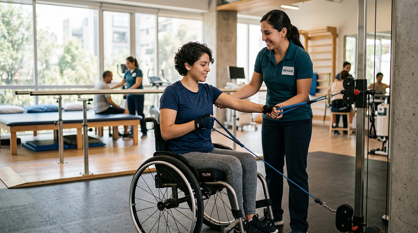 Joven en silla de ruedas junto a fisioterapeuta en gimnasio de rehabilitación por lesión medular.
