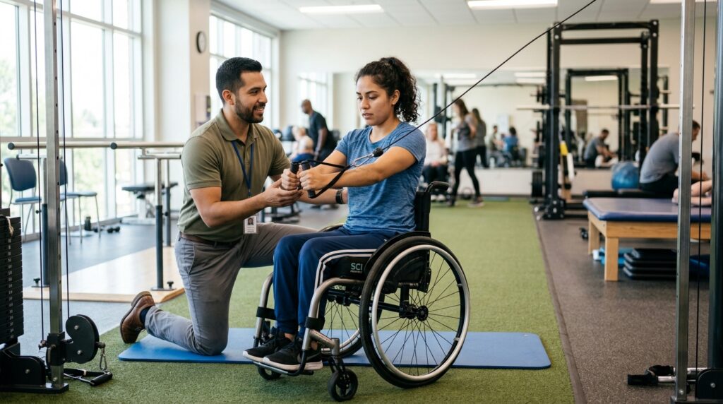 Joven en silla de ruedas junto a fisioterapeuta en gimnasio de rehabilitación de lesiones medulares.