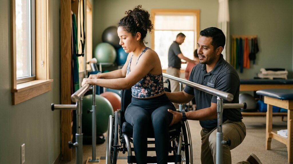 Joven en silla de ruedas junto a fisioterapeuta en gimnasio de rehabilitación de lesiones medulares.