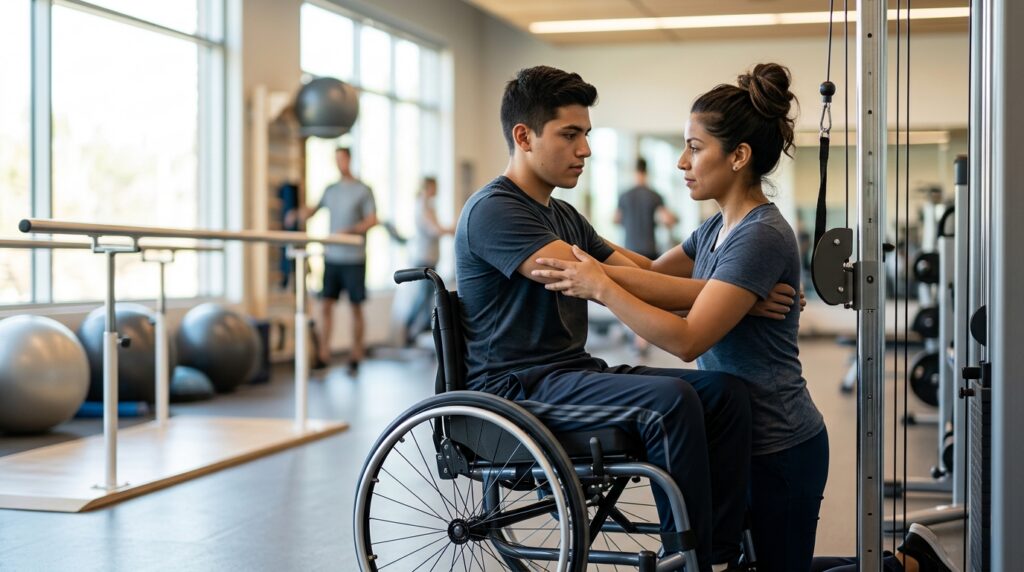Joven en silla de ruedas junto a fisioterapeuta en gimnasio de rehabilitación por lesión medular.