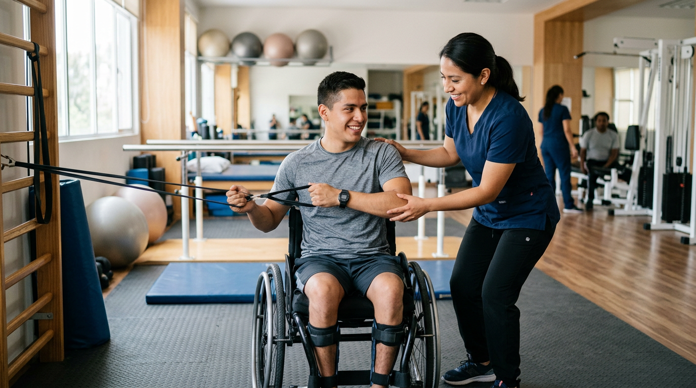 Joven en silla de ruedas junto a fisioterapeuta en gimnasio de rehabilitación de lesiones medulares.