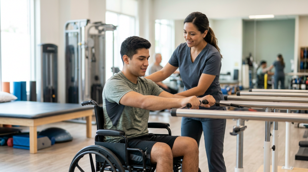 Joven en silla de ruedas junto a fisioterapeuta en gimnasio de rehabilitación de lesiones medulares.