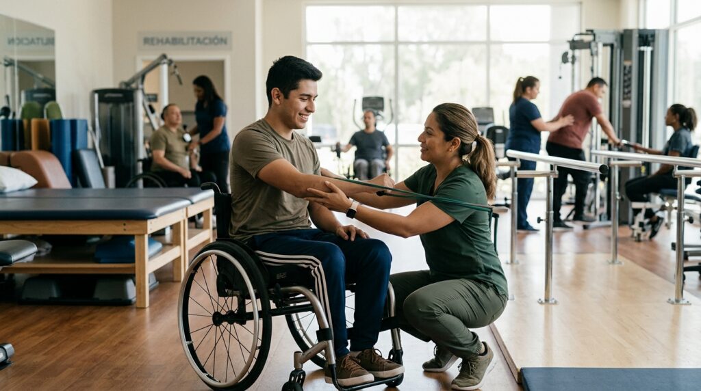 Joven en silla de ruedas junto a fisioterapeuta en gimnasio de rehabilitación de lesiones medulares.