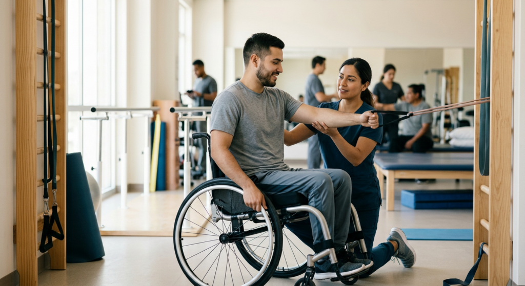 Joven en silla de ruedas junto a fisioterapeuta en gimnasio de rehabilitación de lesiones medulares.