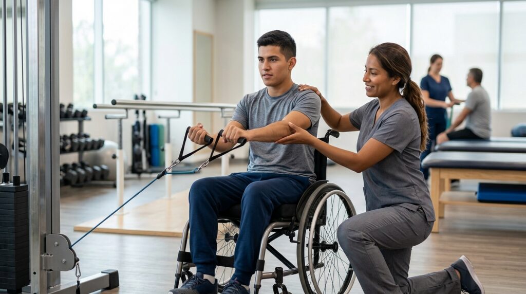 Joven en silla de ruedas junto a fisioterapeuta en gimnasio de rehabilitación de lesiones medulares.
