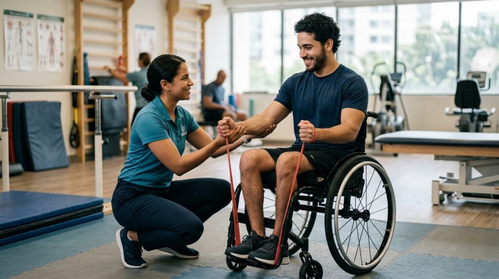 Joven en silla de ruedas junto a fisioterapeuta en gimnasio de rehabilitación de lesión medular.
