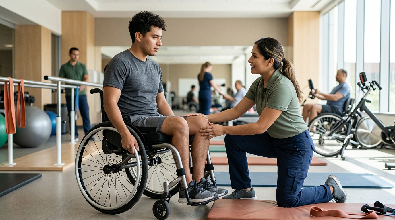 Joven en silla de ruedas junto a fisioterapeuta en gimnasio de rehabilitación de lesiones medulares.