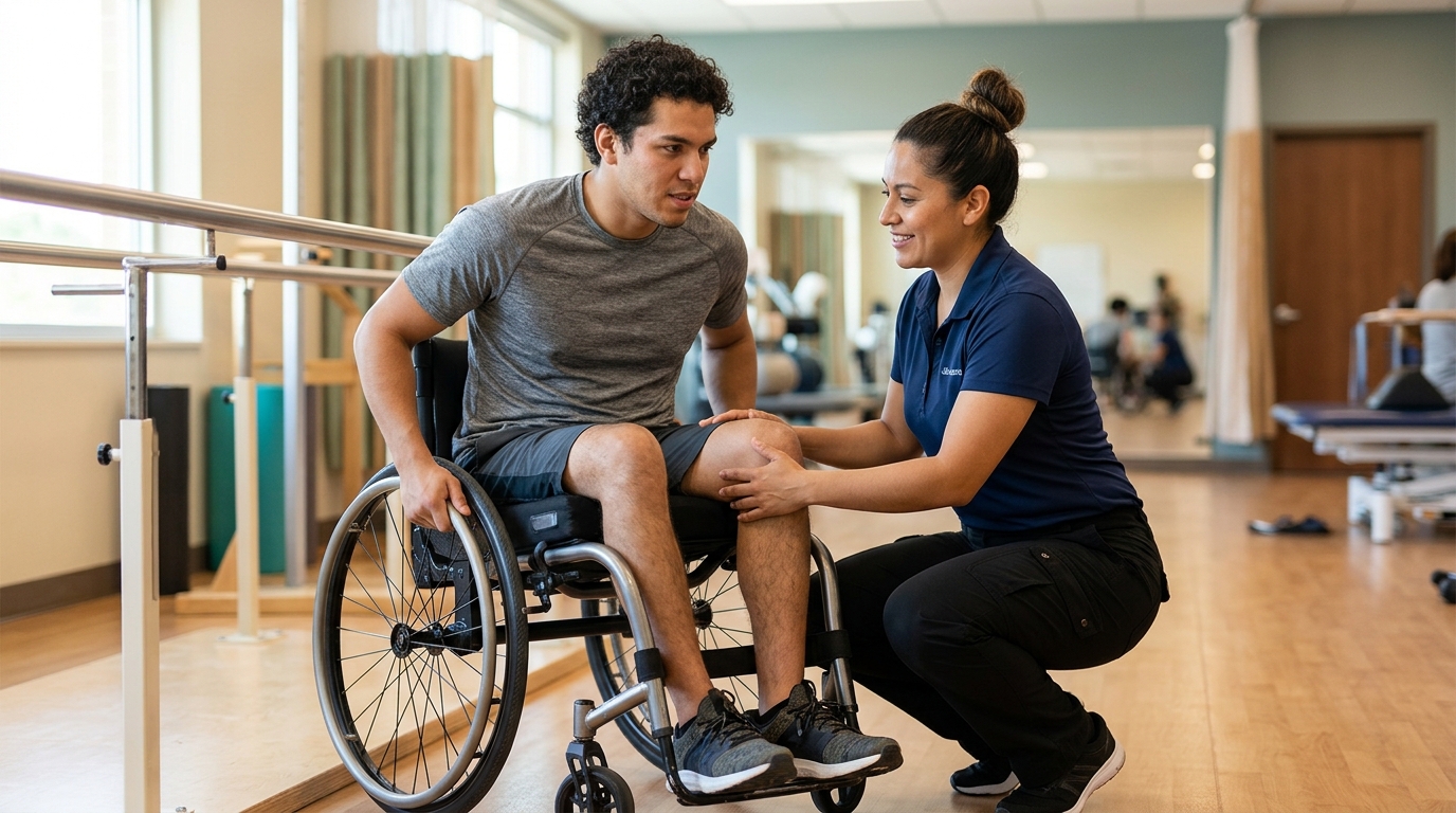 Joven en silla de ruedas junto a fisioterapeuta en un gimnasio de rehabilitación de lesiones medulares.