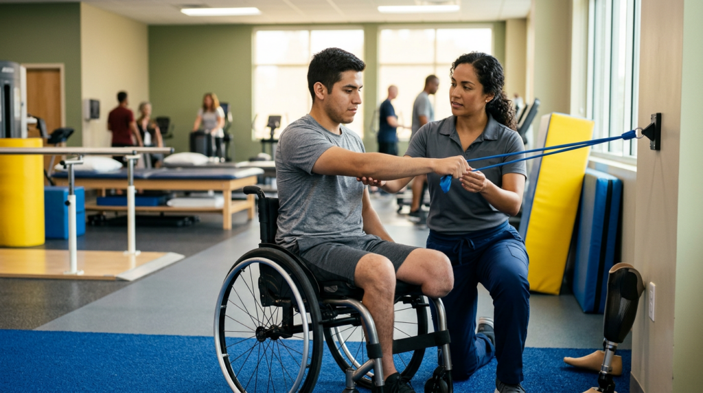 Joven en silla de ruedas junto a fisioterapeuta en un gimnasio de rehabilitación.