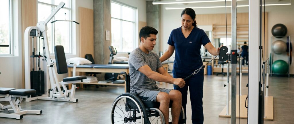 Joven en silla de ruedas junto a fisioterapeuta en un gimnasio de rehabilitación de lesiones medulares.