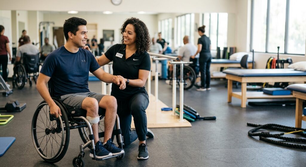 Joven en silla de ruedas junto a fisioterapeuta en un gimnasio de rehabilitación de lesiones medulares.