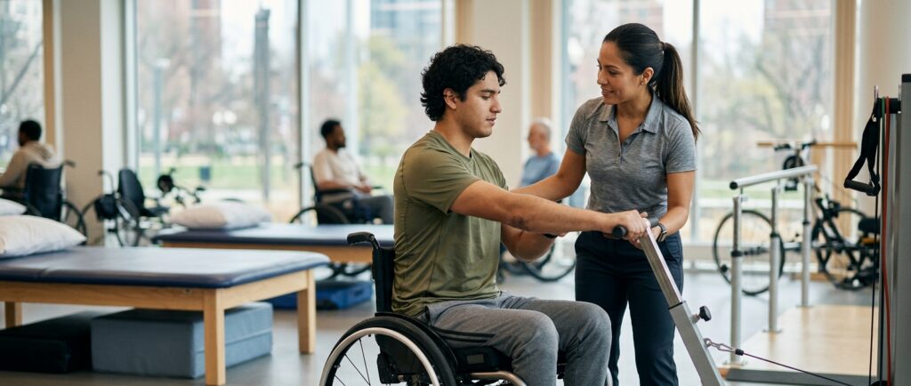 Joven en silla de ruedas junto a fisioterapeuta en un gimnasio de rehabilitación de lesiones medulares.