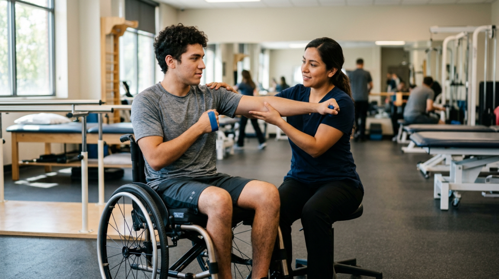 Joven en silla de ruedas junto a fisioterapeuta en un gimnasio de rehabilitación de lesiones medulares.