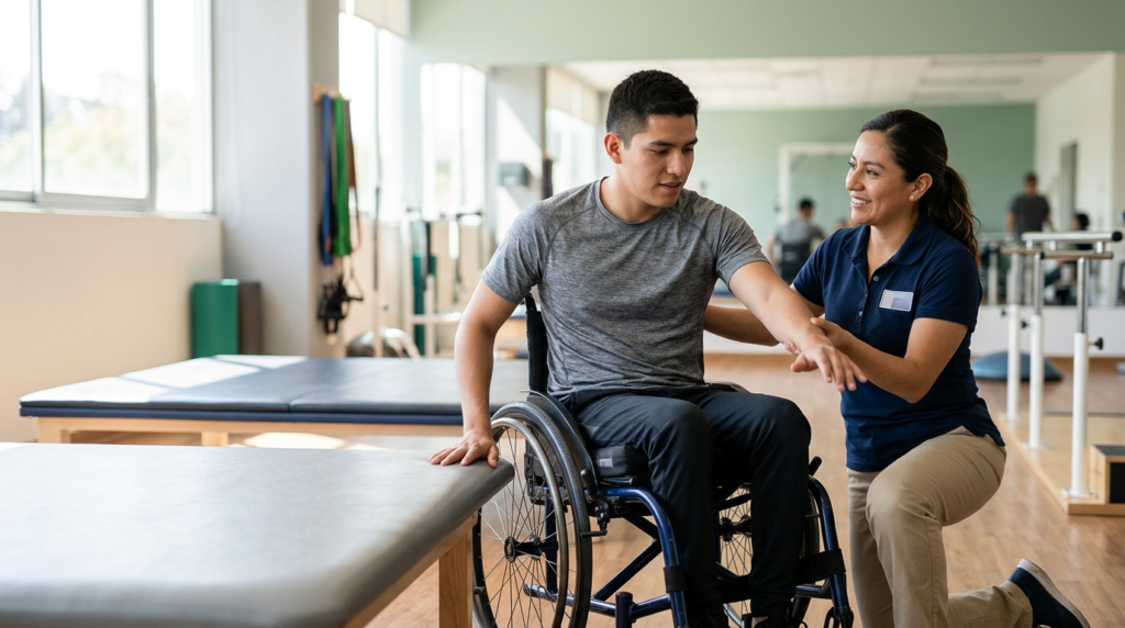 Joven en silla de ruedas junto a fisioterapeuta en un gimnasio de rehabilitación de lesiones medulares.