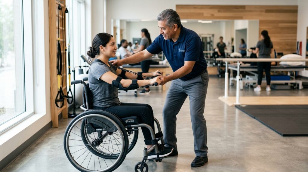 Joven en silla de ruedas junto a fisioterapeuta en un gimnasio de rehabilitación de lesiones medulares.
