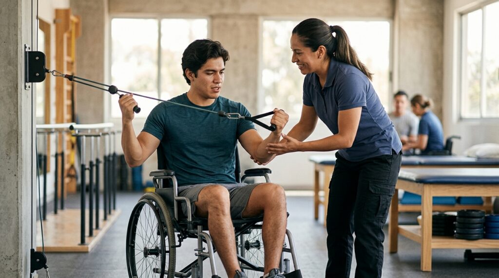 Joven en silla de ruedas junto a fisioterapeuta en un gimnasio de rehabilitación de lesiones medulares.