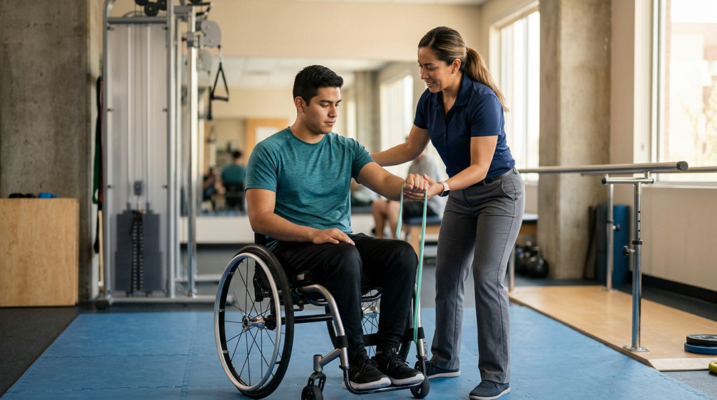 Joven en silla de ruedas junto a fisioterapeuta en un gimnasio de rehabilitación de lesiones medulares.