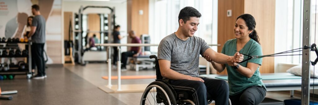 Joven en silla de ruedas junto a fisioterapeuta en un gimnasio de rehabilitación de lesiones medulares.