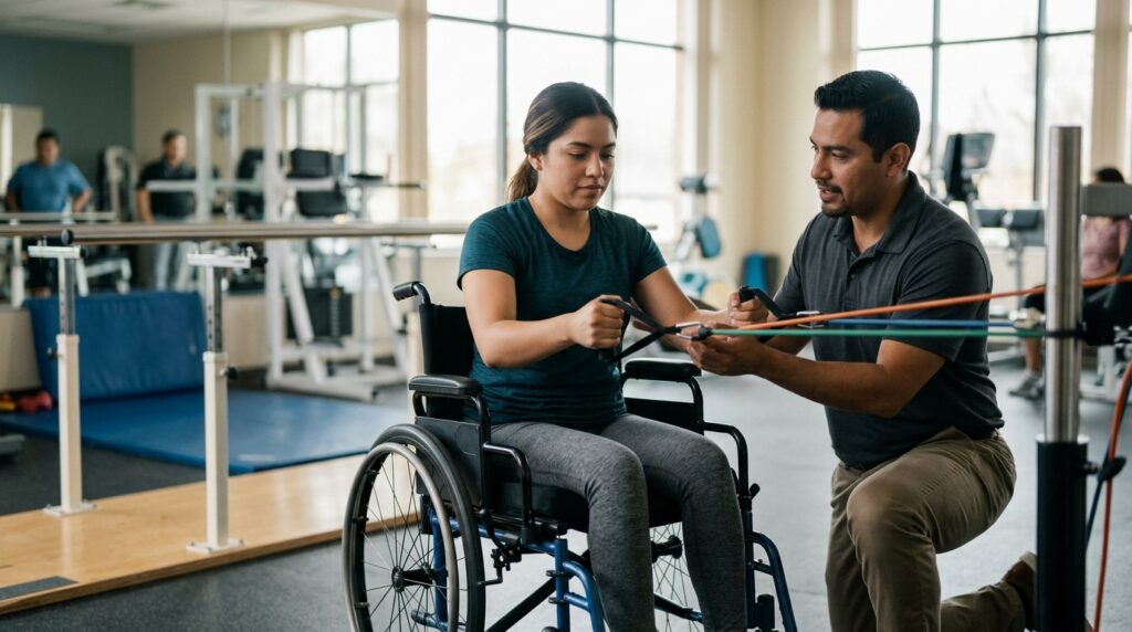 Joven en silla de ruedas junto a fisioterapeuta en un gimnasio de rehabilitación de lesiones de columna.