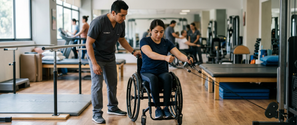 Joven en silla de ruedas junto a fisioterapeuta en un gimnasio de rehabilitación por lesión medular.