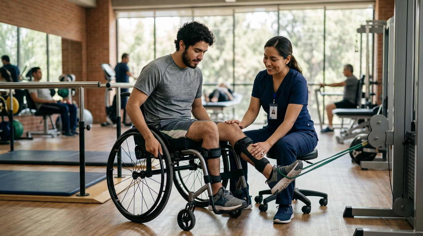 Joven en silla de ruedas junto a fisioterapeuta en un gimnasio de rehabilitación de lesiones medulares.
