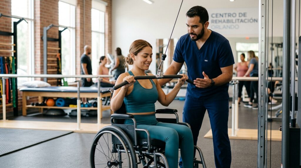 Joven en silla de ruedas junto a fisioterapeuta en un gimnasio de rehabilitación de lesiones de médula espinal.