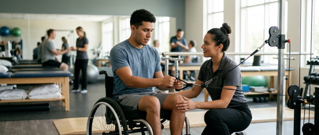 Joven en silla de ruedas junto a fisioterapeuta en un gimnasio de rehabilitación de lesiones medulares.