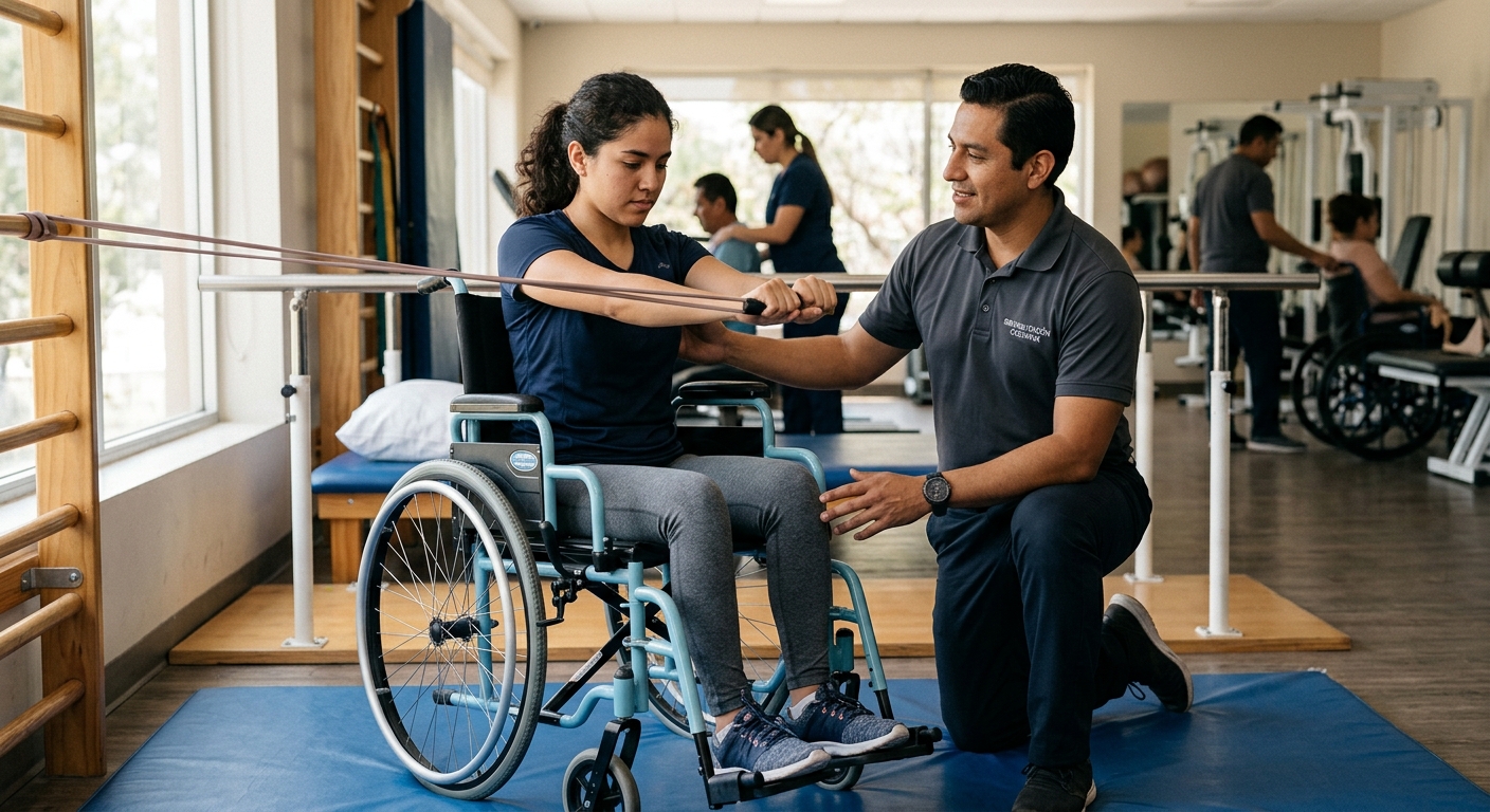 Joven en silla de ruedas junto a fisioterapeuta en un gimnasio de rehabilitación de lesiones de columna.