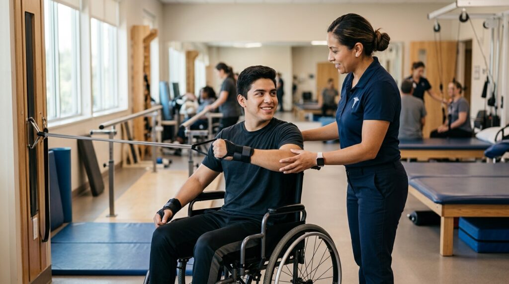 Joven en silla de ruedas junto a fisioterapeuta en un gimnasio de rehabilitación de lesiones medulares.