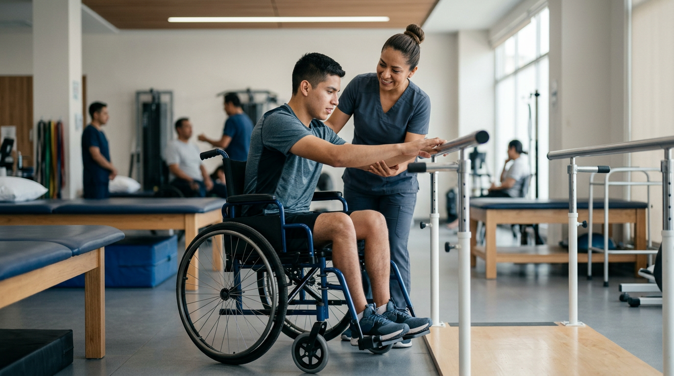 Joven en silla de ruedas junto a fisioterapeuta en un gimnasio de rehabilitación de lesiones medulares.
