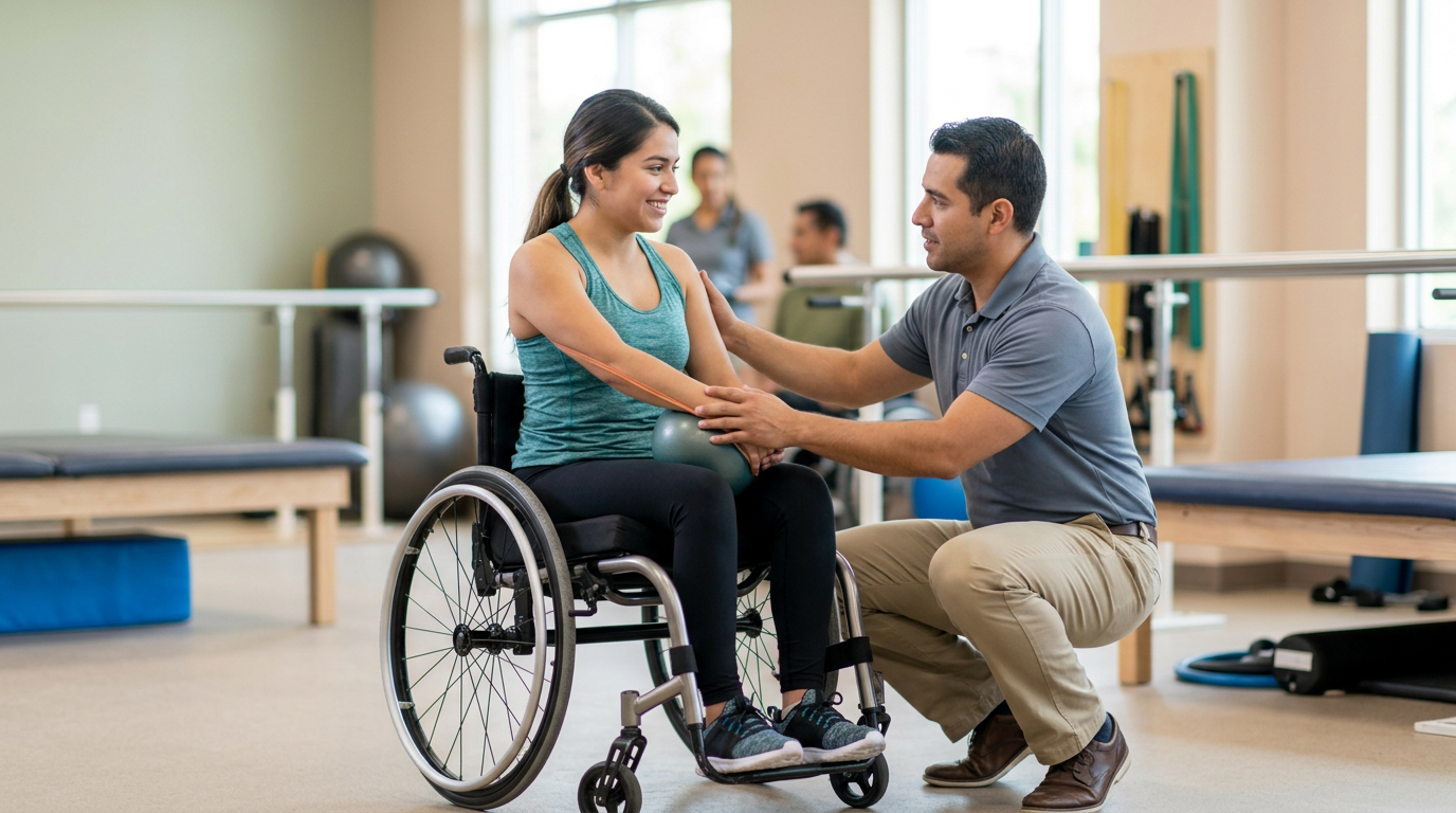 Joven en silla de ruedas junto a fisioterapeuta en un gimnasio de rehabilitación de lesiones medulares.
