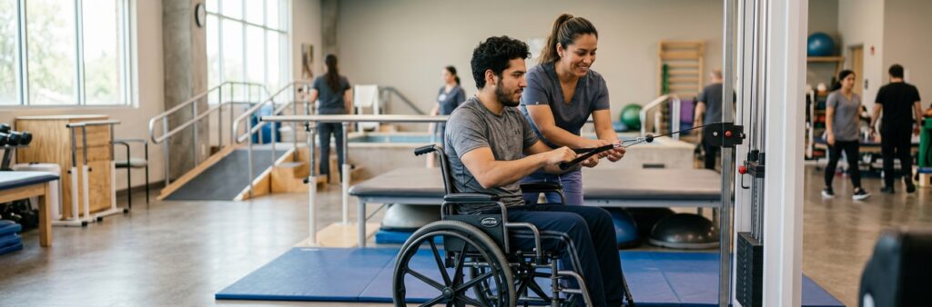 Joven en silla de ruedas junto a fisioterapeuta en un gimnasio de rehabilitación de lesiones de columna.