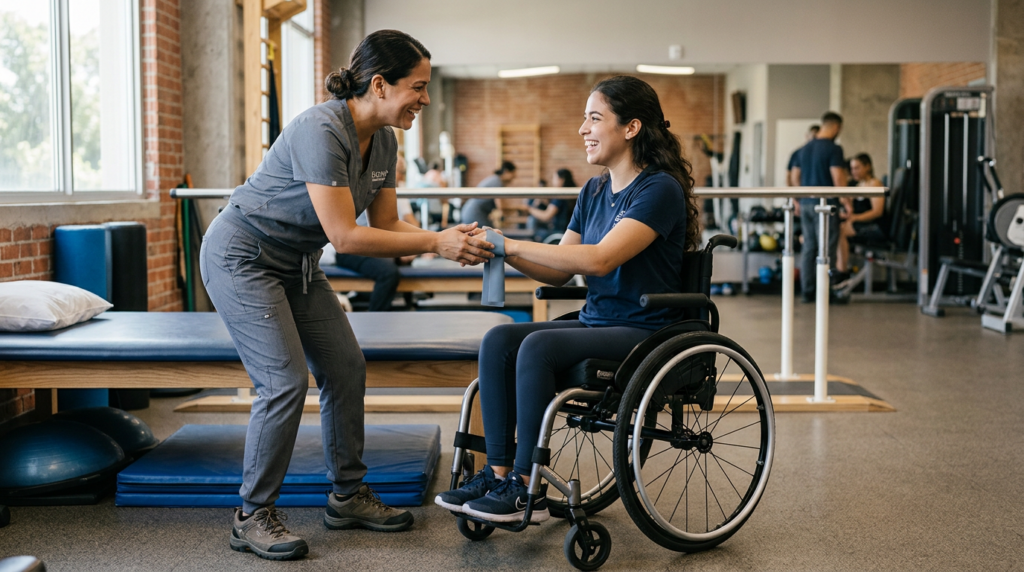 Joven en silla de ruedas junto a fisioterapeuta en un gimnasio de rehabilitación de lesiones de médula espinal.