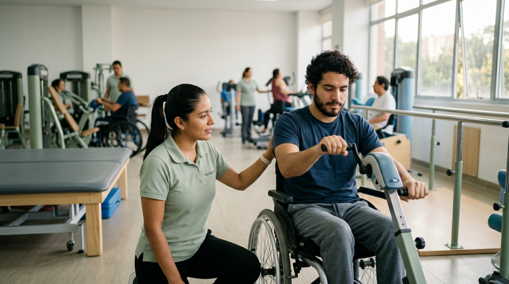 Joven en silla de ruedas junto a fisioterapeuta en un gimnasio de rehabilitación de lesiones medulares.