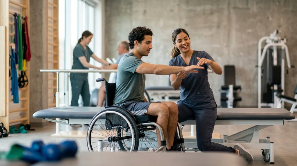 Joven en silla de ruedas junto a su fisioterapeuta en un gimnasio de rehabilitación de lesiones medulares.