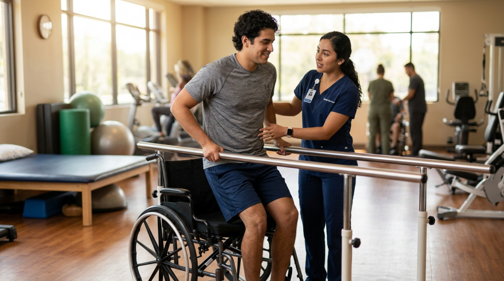 Joven en silla de ruedas junto a su fisioterapeuta en un gimnasio de rehabilitación de lesiones medulares.