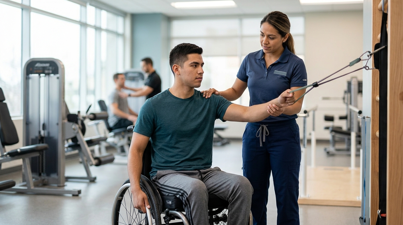 Joven en silla de ruedas junto a su fisioterapeuta en un gimnasio de rehabilitación de lesiones medulares.