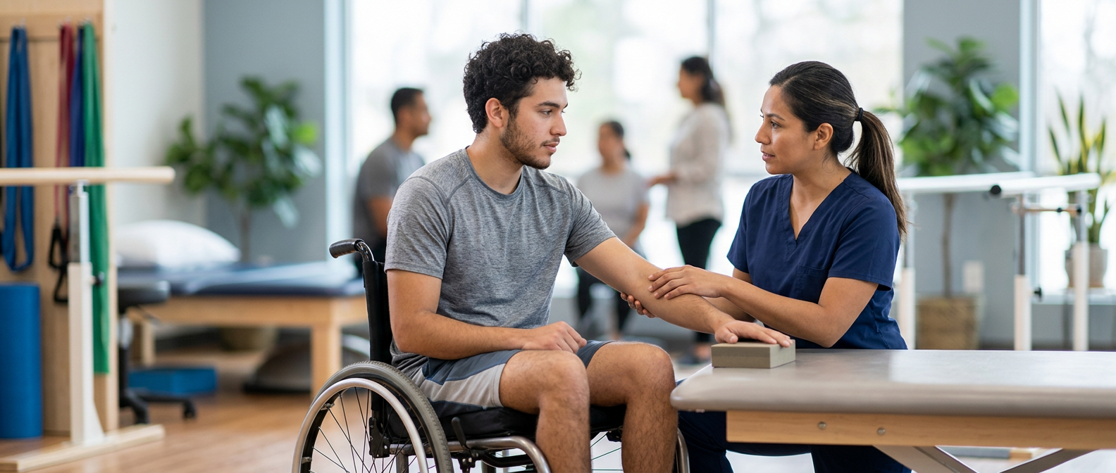 Joven en silla de ruedas junto a un fisioterapeuta en un gimnasio de rehabilitación de lesiones medulares.