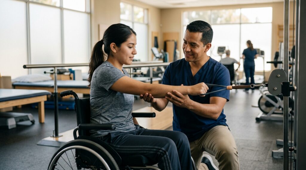 Joven en silla de ruedas junto a un fisioterapeuta en un gimnasio de rehabilitación de lesiones medulares.