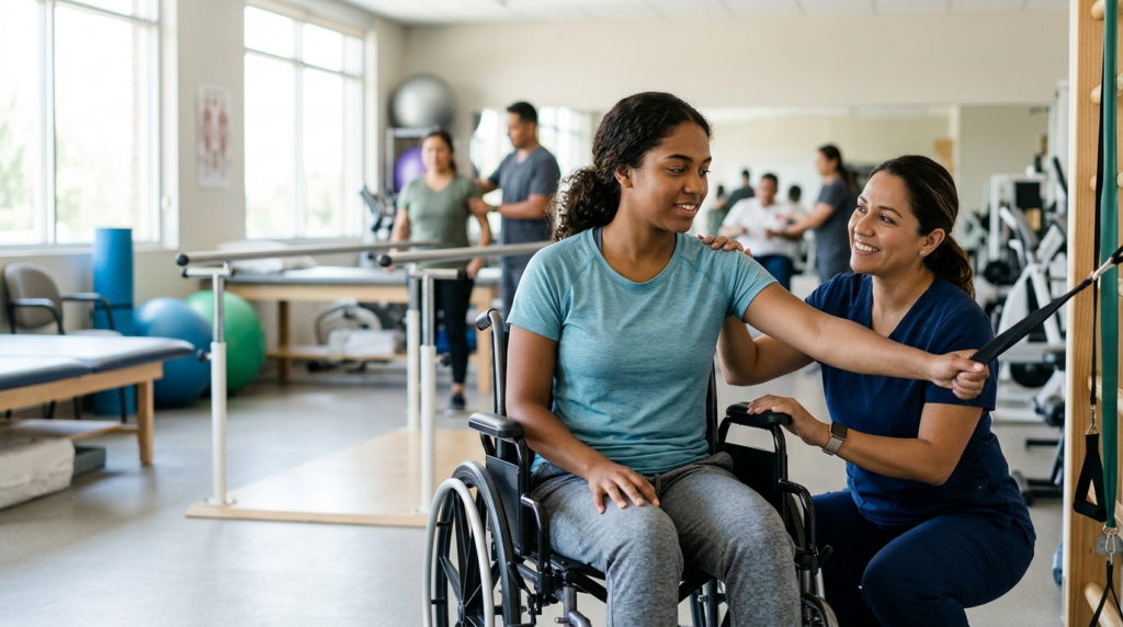 Joven en silla de ruedas junto a un fisioterapeuta en un gimnasio de rehabilitación.
