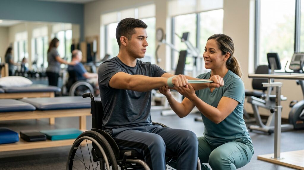 Joven en silla de ruedas junto a un fisioterapeuta en un gimnasio de rehabilitación de lesiones medulares.