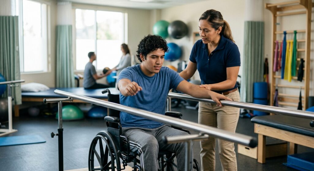 Joven en silla de ruedas junto a un fisioterapeuta en un gimnasio de rehabilitación de lesiones medulares.
